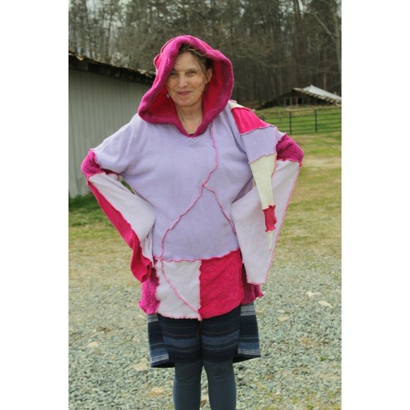 Upcycled Sweater Pink Red LL Bean Heavy XL/XXL 23" Bust Hooded Elven Fairy Boho - Picture 8 of 12